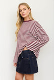 Striped Contrast Crew Neck Long Sleeve Knit Top (Burgundy Multi)