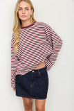 Striped Contrast Crew Neck Long Sleeve Knit Top (Burgundy Multi)