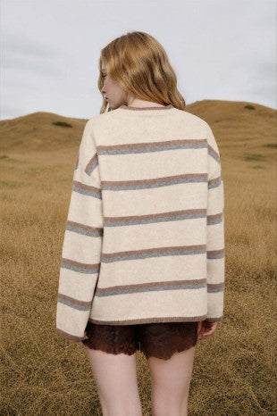 Heathered Stripe Button-Down Knit Cardigan (Oatmeal Multi)