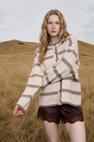 Heathered Stripe Button-Down Knit Cardigan (Oatmeal Multi)