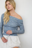 Polka Dot Boat Neck Ribbed Long Sleeve Knit Top