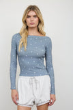 Polka Dot Boat Neck Ribbed Long Sleeve Knit Top