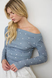 Polka Dot Boat Neck Ribbed Long Sleeve Knit Top