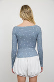 Polka Dot Boat Neck Ribbed Long Sleeve Knit Top