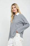 Striped Contrast Polo Collar Long Sleeve Knit Top