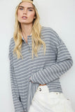 Striped Contrast Polo Collar Long Sleeve Knit Top
