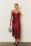 V Neck Lace Trim Spaghetti Strap Satin Midi Dress