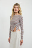 Striped Boat Neck Cropped Asymmetrical Knit Top (Mocha)