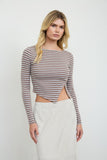 Striped Boat Neck Cropped Asymmetrical Knit Top (Mocha)