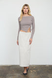 Striped Boat Neck Cropped Asymmetrical Knit Top (Mocha)
