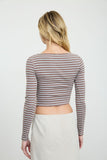 Striped Boat Neck Cropped Asymmetrical Knit Top (Mocha)