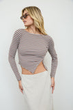 Striped Boat Neck Cropped Asymmetrical Knit Top (Mocha)