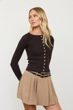 Ribbed Raglan Shoulder Button Down Knit Cardigan (Espresso)