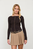 Ribbed Raglan Shoulder Button Down Knit Cardigan (Espresso)
