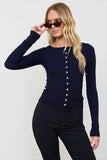 Ribbed Raglan Shoulder Button Down Knit Cardigan (Navy)