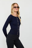 Ribbed Raglan Shoulder Button Down Knit Cardigan (Navy)