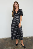 Polka Dot Lace Trim V-Neck Button-Down Midi Dress (Black)