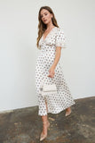 Polka Dot Lace Trim V-Neck Button-Down Midi Dress (Champagne)