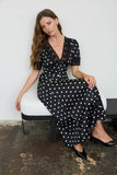 Polka Dot Lace Trim V-Neck Button-Down Midi Dress (Black)