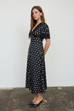 Polka Dot Lace Trim V-Neck Button-Down Midi Dress (Black)