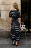 Polka Dot Lace Trim V-Neck Button-Down Midi Dress (Black)