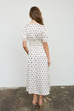 Polka Dot Lace Trim V-Neck Button-Down Midi Dress (Champagne)