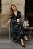 Polka Dot Lace Trim V-Neck Button-Down Midi Dress (Black)