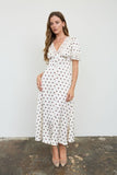 Polka Dot Lace Trim V-Neck Button-Down Midi Dress (Champagne)