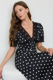 Polka Dot Lace Trim V-Neck Button-Down Midi Dress (Black)
