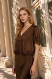 Satin Lace Trim V-Neck Puff Sleeve Blouse