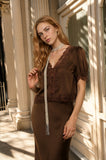 Satin Lace Trim V-Neck Puff Sleeve Blouse