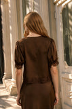 Satin Lace Trim V-Neck Puff Sleeve Blouse