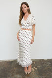 Polka Dot Satin V-Neck Lace Trim Puff Sleeve Top