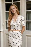 Polka Dot Satin V-Neck Lace Trim Puff Sleeve Top