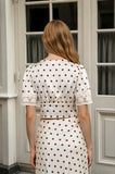 Polka Dot Satin V-Neck Lace Trim Puff Sleeve Top