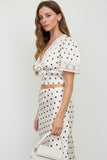 Polka Dot Satin V-Neck Lace Trim Puff Sleeve Top
