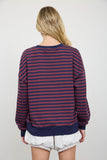 Stripe V Stitch Detail Long Sleeve Knit Top (Navy)