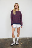 Stripe V Stitch Detail Long Sleeve Knit Top (Navy)