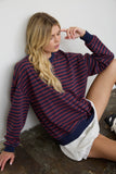 Stripe V Stitch Detail Long Sleeve Knit Top (Navy)