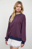 Stripe V Stitch Detail Long Sleeve Knit Top (Navy)
