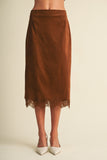 Scallop Lace Trim Microsuede Midi Skirt