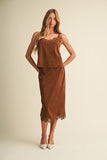 Scallop Lace Trim Microsuede Midi Skirt