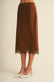 Scallop Lace Trim Microsuede Midi Skirt