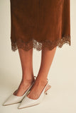 Scallop Lace Trim Microsuede Midi Skirt