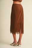 Scallop Lace Trim Microsuede Midi Skirt