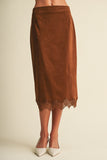 Scallop Lace Trim Microsuede Midi Skirt