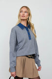 Contrast Denim Collar Polo Knit Pullover (Charcoal Multi)