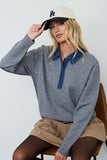 Contrast Denim Collar Polo Knit Pullover (Charcoal Multi)