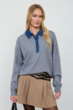 Contrast Denim Collar Polo Knit Pullover (Charcoal Multi)