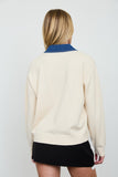Contrast Denim Collar Polo Knit Pullover (Cream Multi)
